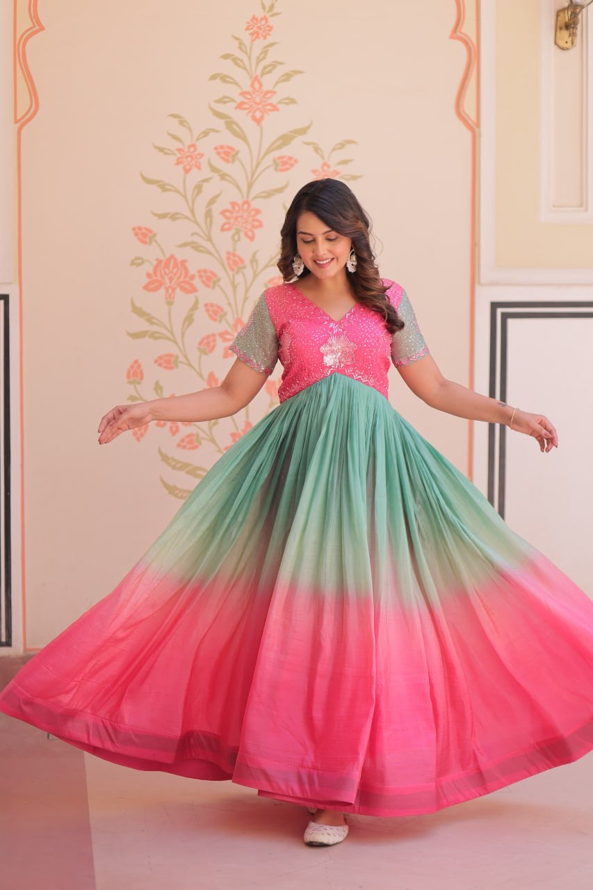 Premium Readymade Designer Gown with Gold Crush Padding & Beads Embroidery