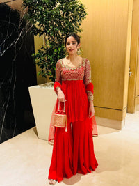Festive Red Anarkali Style Kurti(KEDIYA) & Palazzo With stylish dupatta