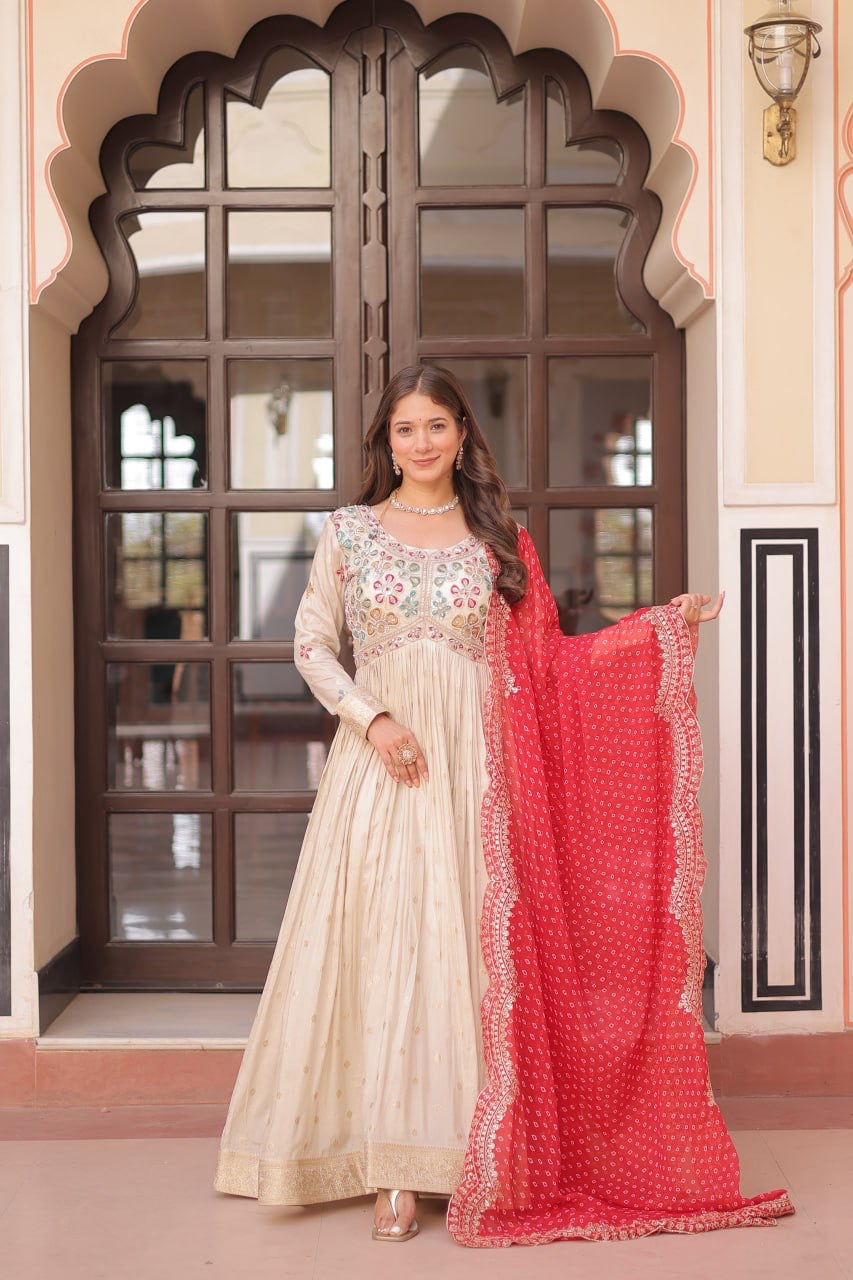 Trending Cosmos Jacquard Gown with Bandhani Printed Embroidered Cut Work Dupatta