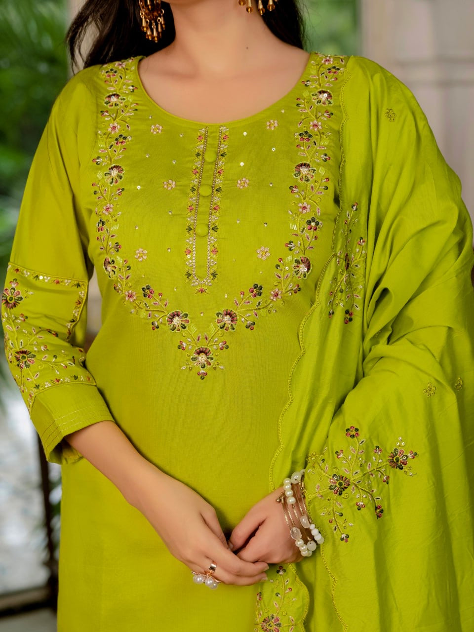 Elegant Marina Silk Straight Kurti Pant Dupatta Set with Multi Embroidery & Hand Work