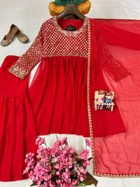Festive Red Anarkali Style Kurti(KEDIYA) & Palazzo With stylish dupatta