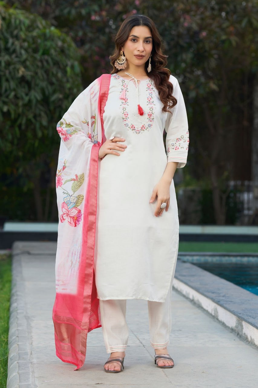 Elegant Viscose Silk Straight Kurti Pant Dupatta Set with Multi Embroidery & Hand Work
