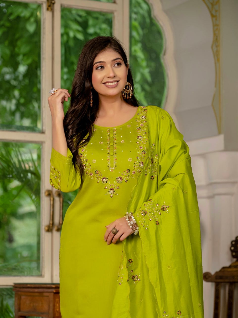 Elegant Marina Silk Straight Kurti Pant Dupatta Set with Multi Embroidery & Hand Work