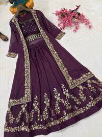 Modern Designer Semi-Bridal Wine Pink Lehenga Choli Set with Stylish Long Shrug in Premium Star Georgette Fabric for Wedding & Festive Wear
