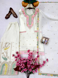 Black & White Kurti Palazzo Set in premium chinon silk fabric with multy color thread Embroidery work