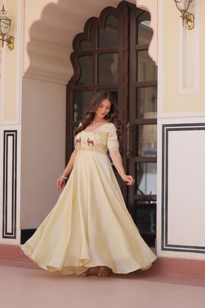 Premium Readymade Designer Gold Crush Gown with Beads Embroidery & Umbrella Flair