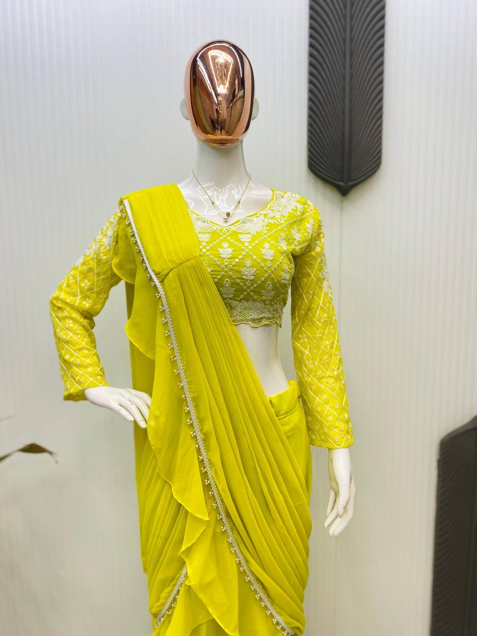 Ready To Wear Ruffles Saree with Long Sleeve Blouse in Lemon Yellow - Georgette with Moti Lace