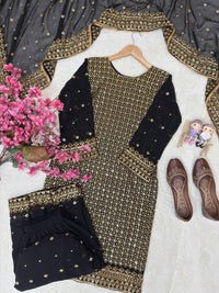 Black Royal Zari & Sequins Embroidered Kurti & Flared Palazzo Set with Elegant Dupatta