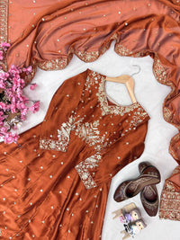 Party Wear Rangoli Silk Anarkali Gown in Rusty Orange