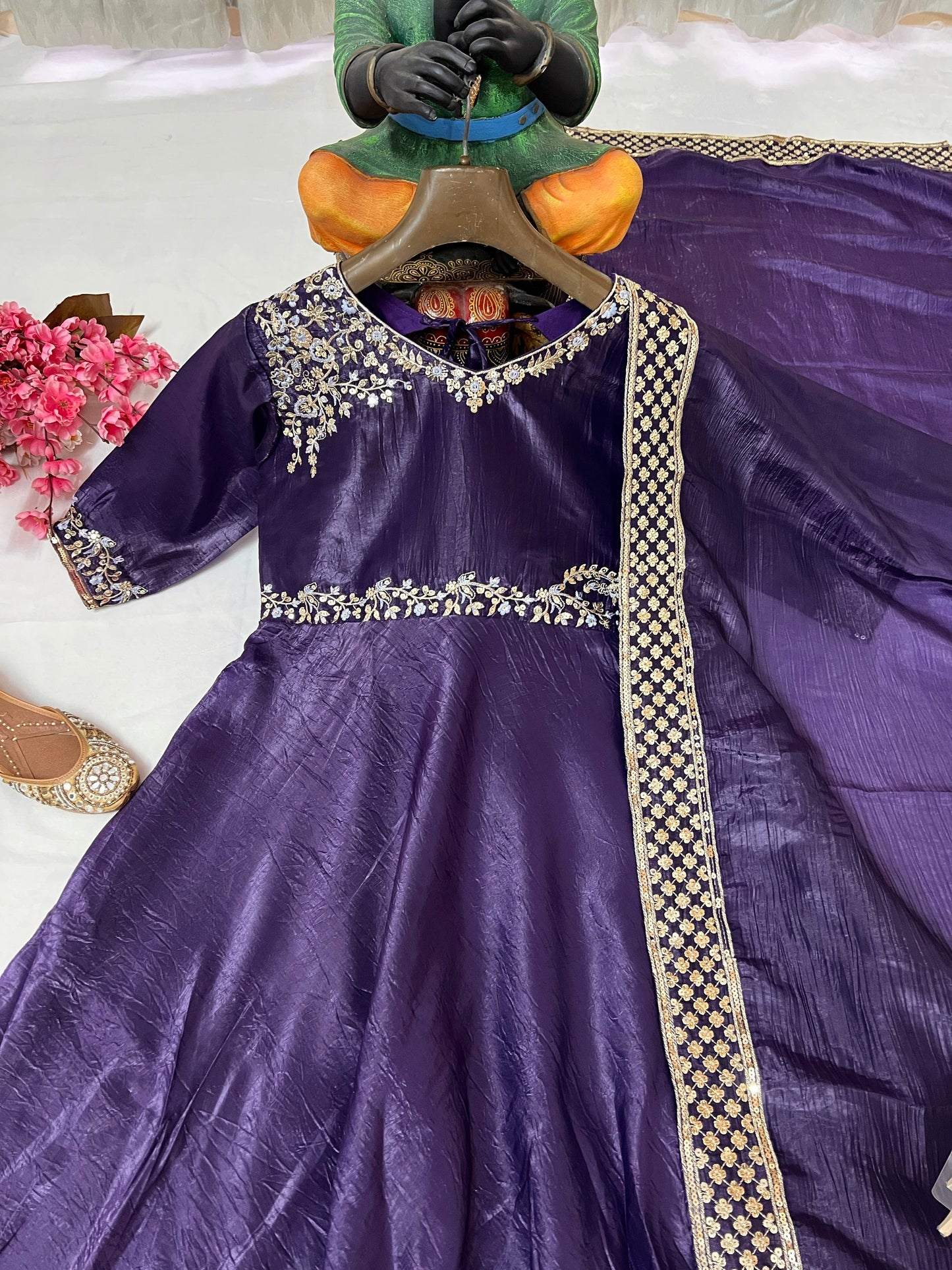 Gold Crushed Silk Gown with Thread & Sequin Embroidery - VF 206