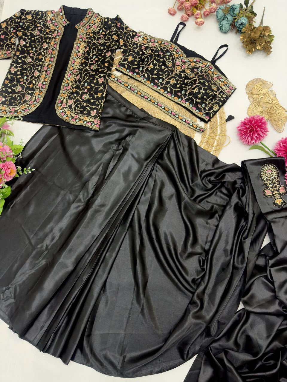 Ready To Wear Diamond Satin Silk Saree with Jacket & Embroidery Belt