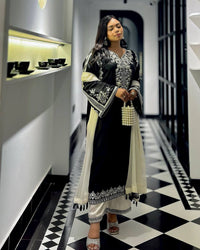 Trending black & white kurti plazzo set with elegant thread Embroidery work