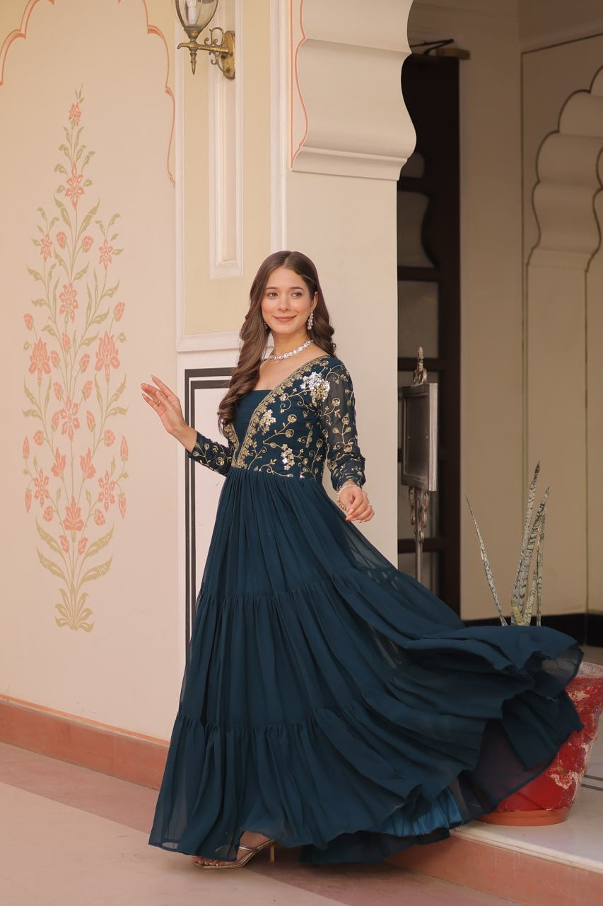 Premium Readymade Gown with Sequins & Zari Embroidery - 12 Meter Flair - FFlw9237