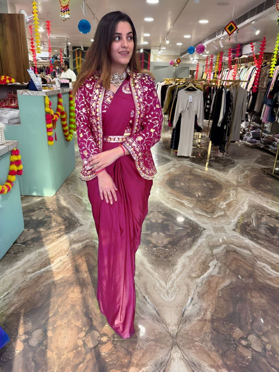 Ready To Wear Diamond Satin Silk Saree with Jacket & Embroidery Belt