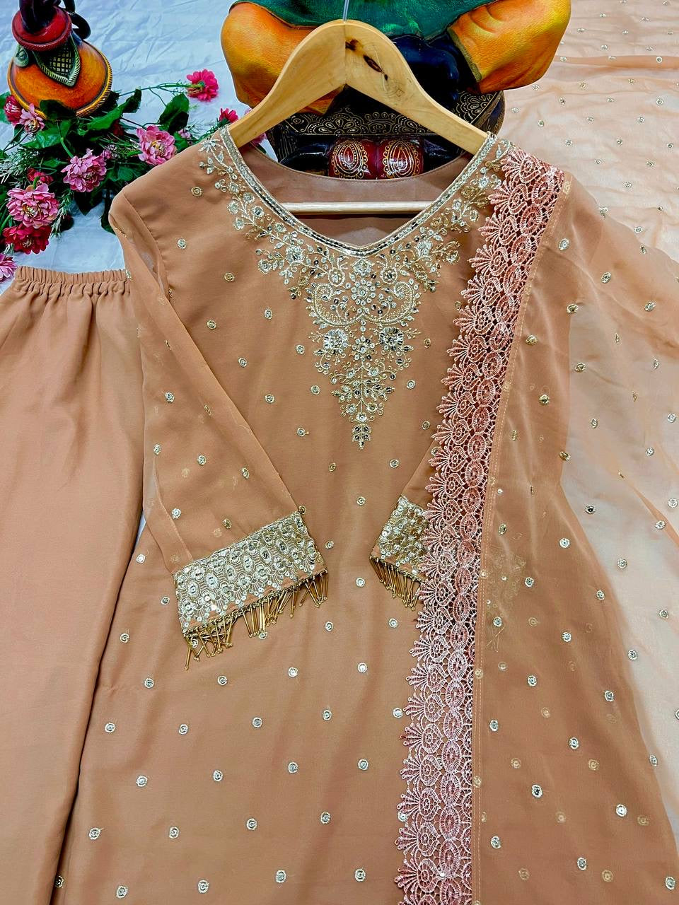 Georgette Kurti Pant Set with Sequin & Zari Embroidery - LC 1356
