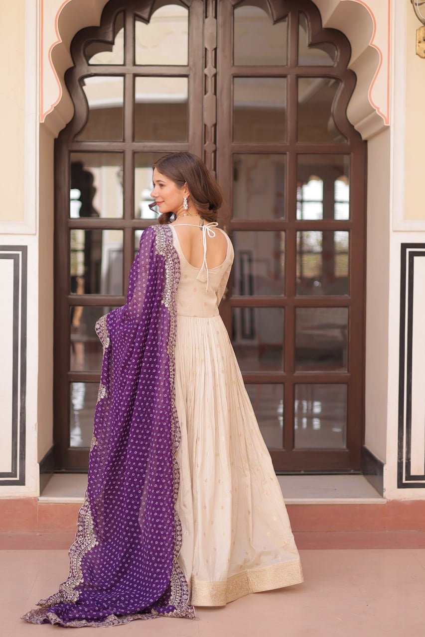 Trending Cosmos Jacquard Gown with Bandhani Printed Embroidered Cut Work Dupatta
