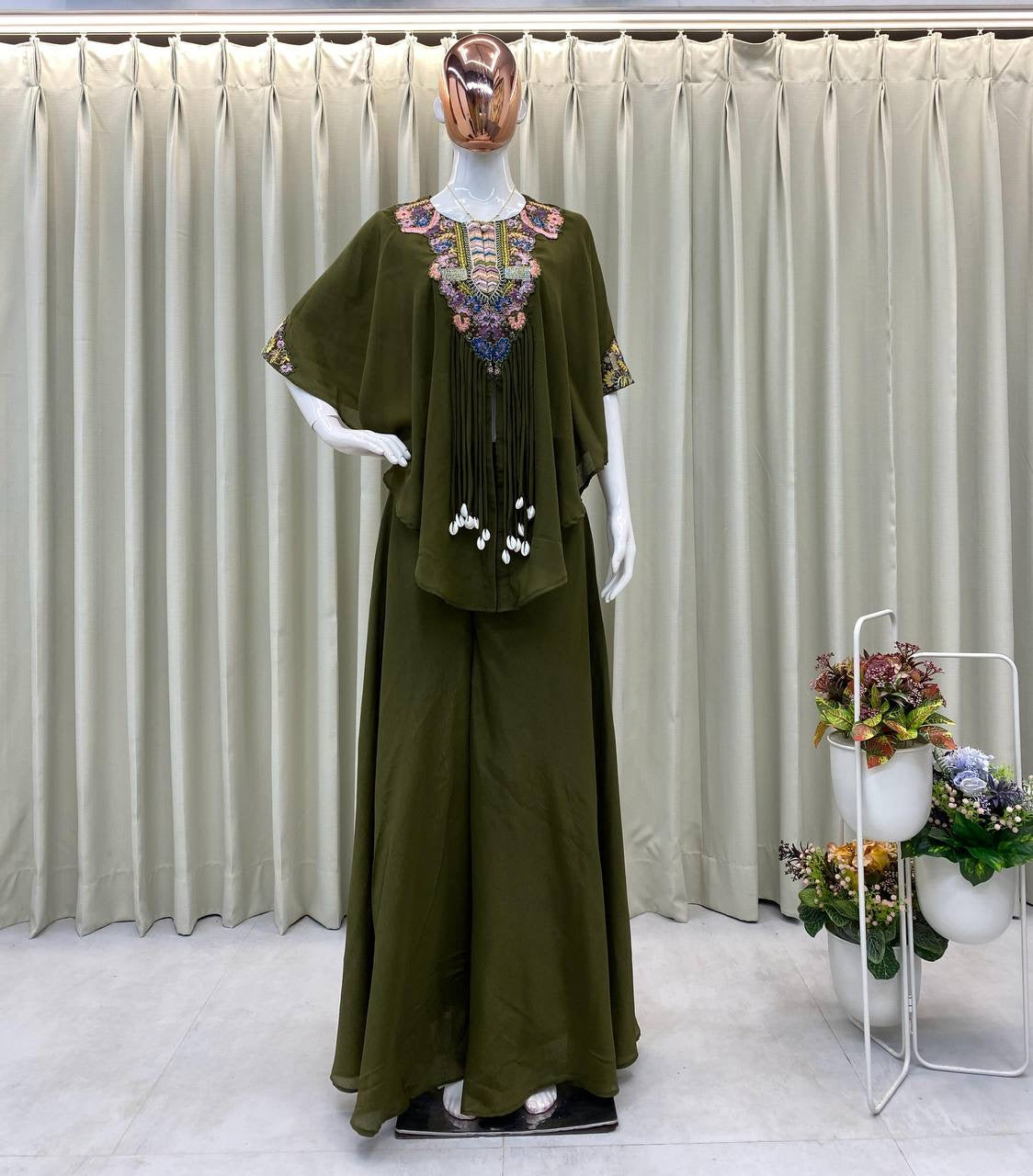 New Trendy Air Tex Chinon Three Piece Indo Western Set with Sequence Embroidery
