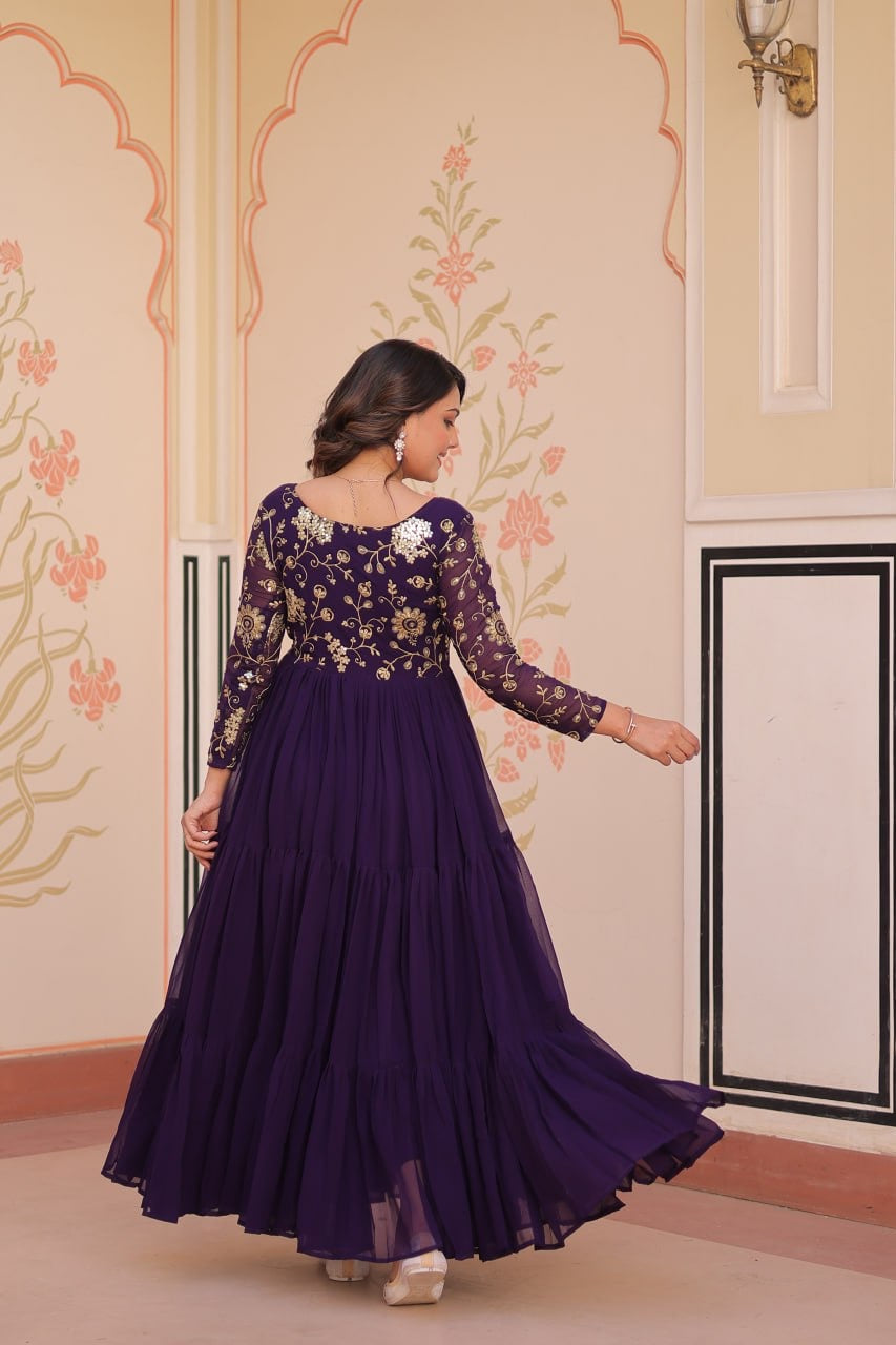 Premium Readymade Gown with Sequins & Zari Embroidery - 12 Meter Flair - FFlw9237