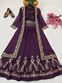 Modern Designer Semi-Bridal Wine Pink Lehenga Choli Set with Stylish Long Shrug in Premium Star Georgette Fabric for Wedding & Festive Wear