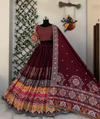 Traditional Maroon Garba Lehenga Choli with Authentic Mirror Work & Digital Print