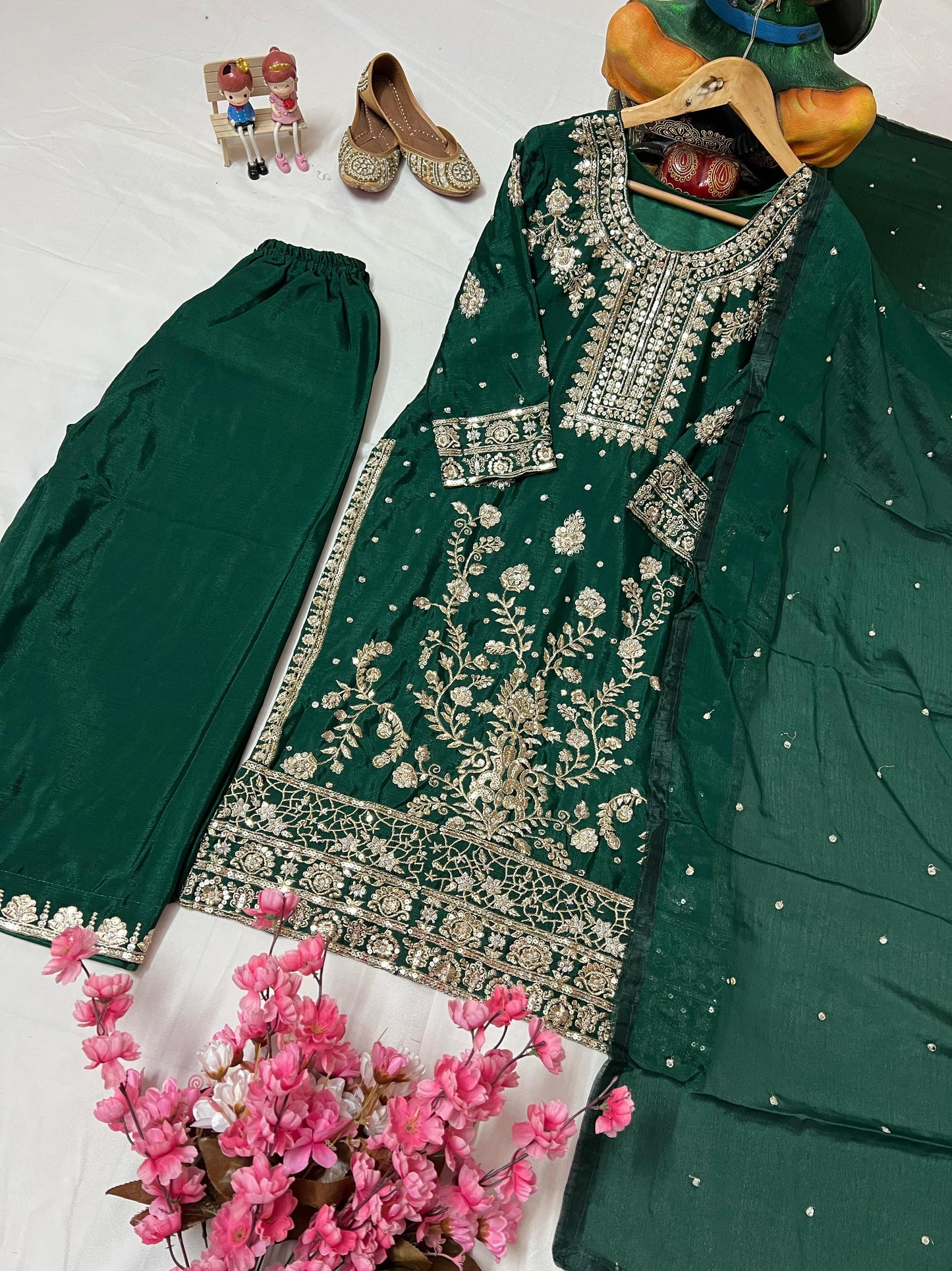 Chinon Silk Flaired Kurti-Palazzo Set with Zari & Sequin Embroidery - LC 1360