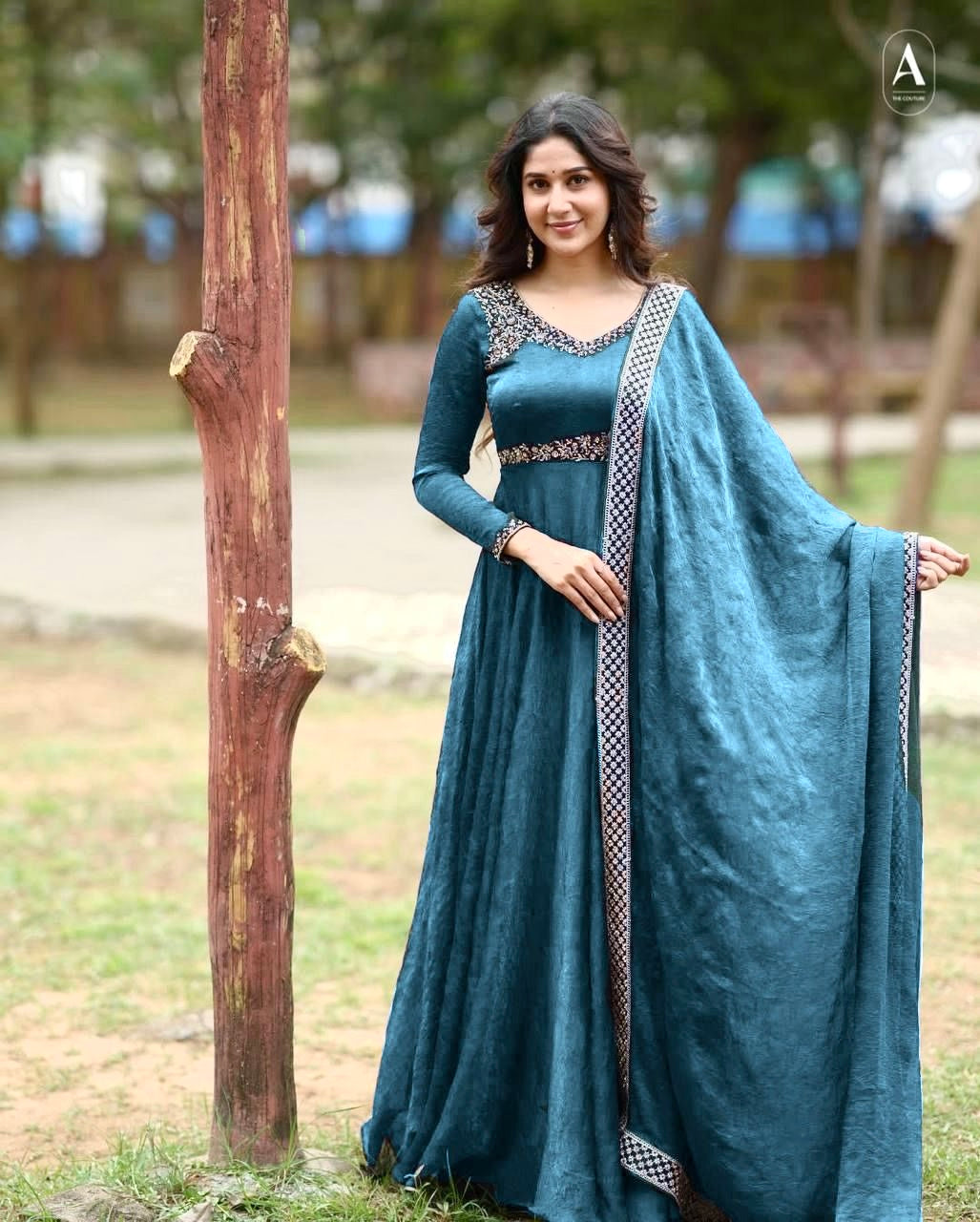 Gold Crushed Silk Gown with Thread & Sequin Embroidery - VF 206