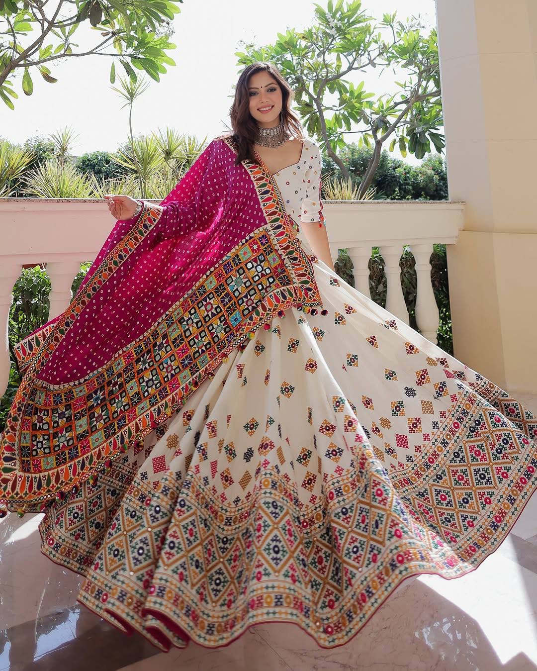 A-One Quality Heavy Muslin Cotton Navratri Special Lehenga Choli with Digital Print & Real Mirror Work - ALC 107