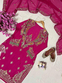 Stylish 4-pis kurti palazzo set in premium chinon silk fabric, in 4 amazing colors