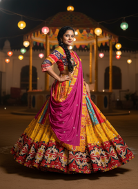 Vibrant yellow color Real Mirror Work Navratri Lehenga With Elegant Pink Color Dupatta