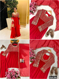 Festive Red Anarkali Style Kurti(KEDIYA) & Palazzo With stylish dupatta