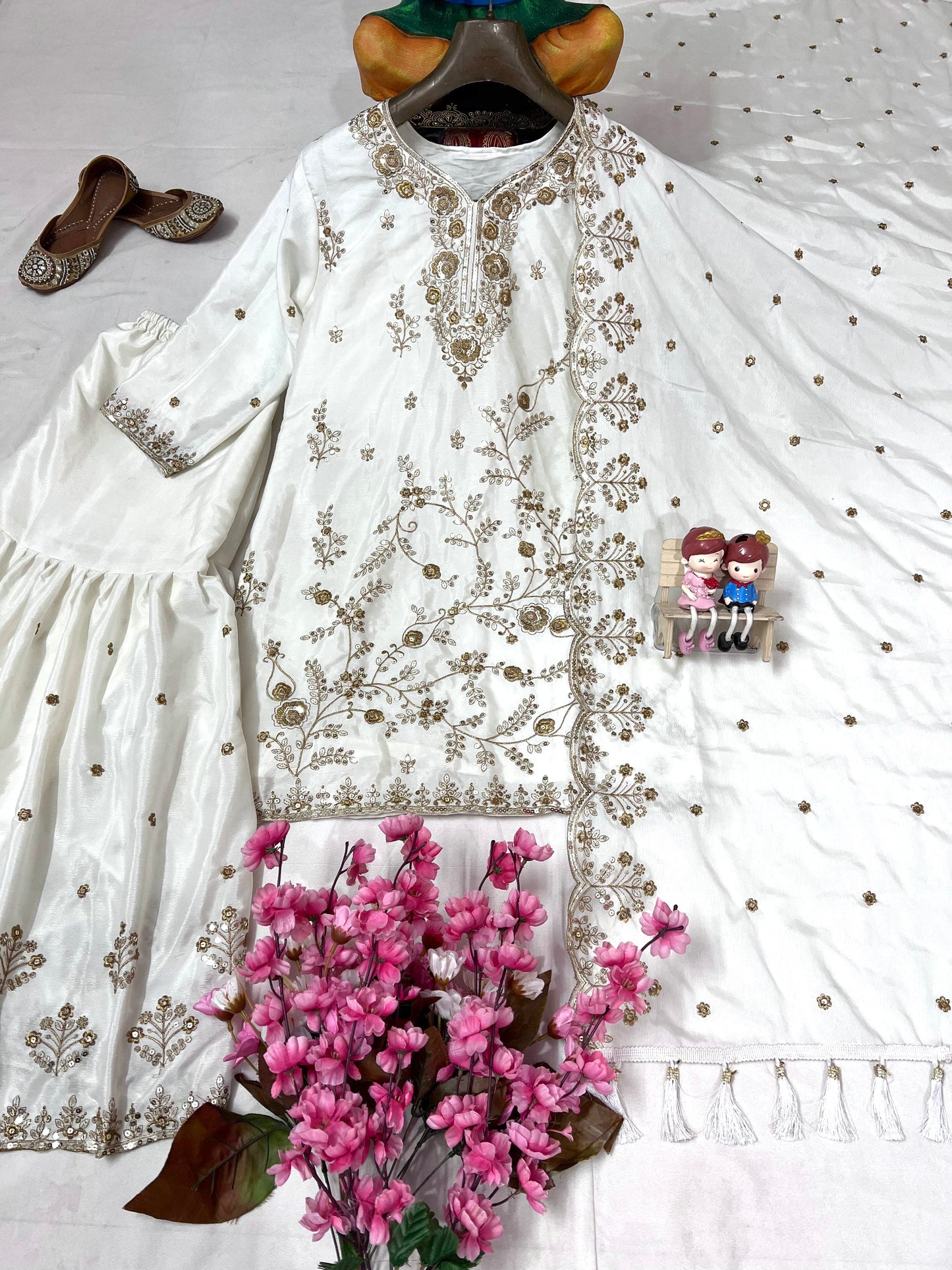Luxurious Chinon Silk Kurti Sharara Set with Zari Embroidery - LC 1376