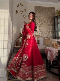 Festive Red Anarkali Gown In Chinon Silk fabric,featuring 5mm Sequin Work and Intricate Floral Embroidery