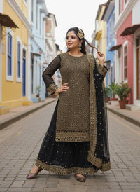 Black Royal Zari & Sequins Embroidered Kurti & Flared Palazzo Set with Elegant Dupatta
