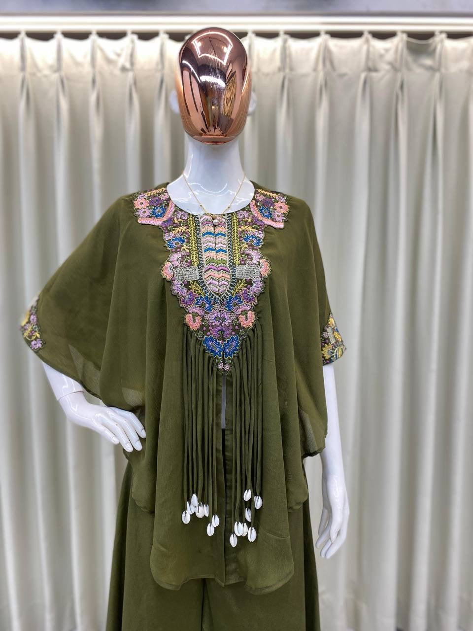 New Trendy Air Tex Chinon Three Piece Indo Western Set with Sequence Embroidery