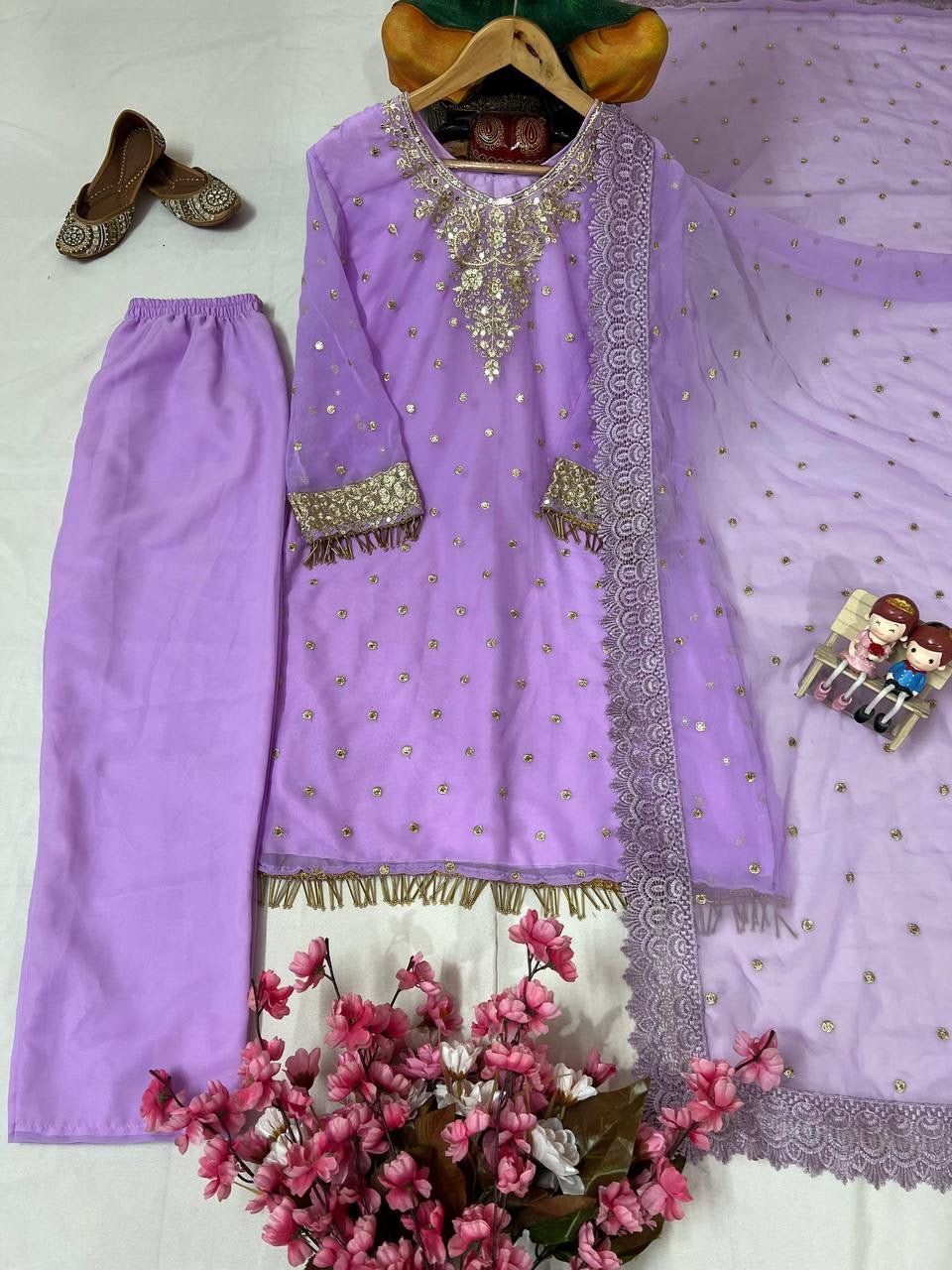 Georgette Kurti Pant Set with Sequin & Zari Embroidery - LC 1356