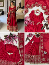 Festive Red Anarkali Gown In Chinon Silk fabric,featuring 5mm Sequin Work and Intricate Floral Embroidery