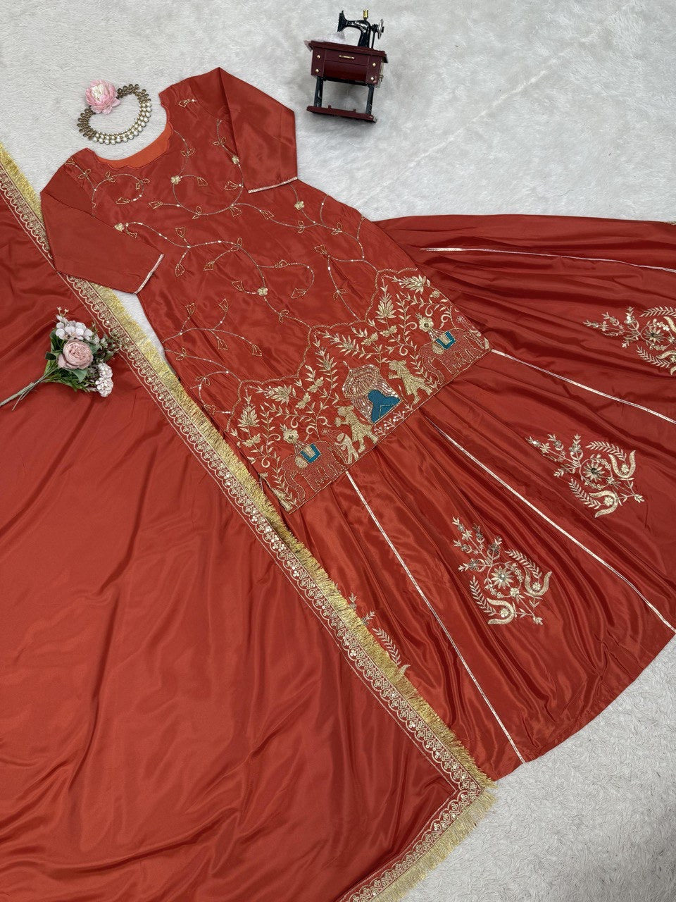 Natural Crepe Silk Indo Western Lehenga Set with Beads & Thread Work - FFRTC-5866