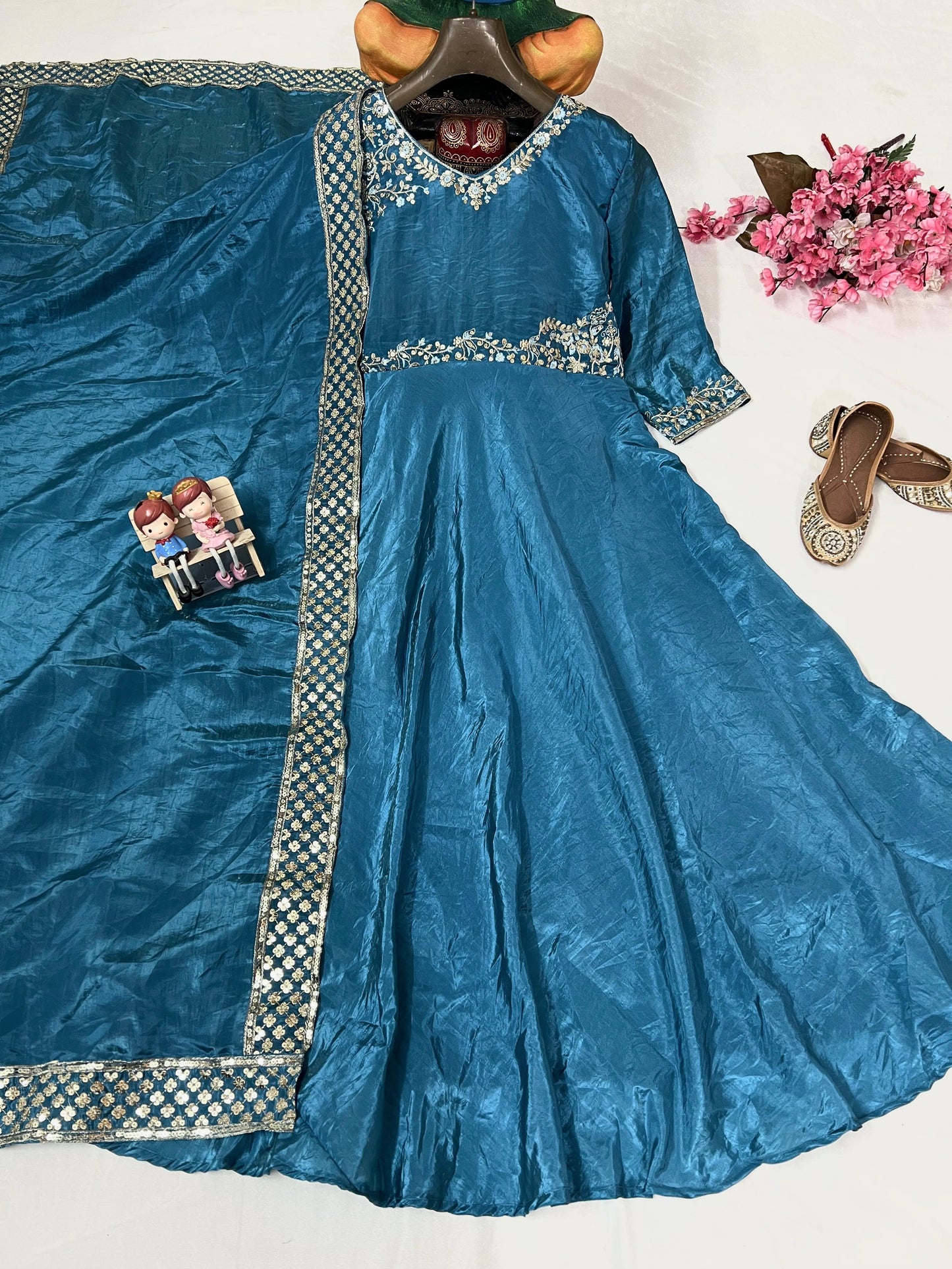 Gold Crushed Silk Gown with Thread & Sequin Embroidery - VF 206