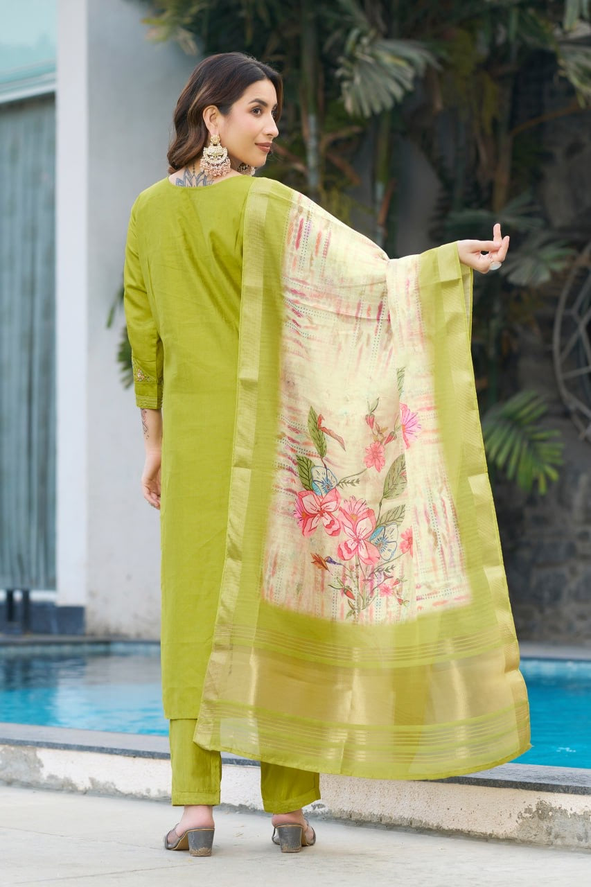 Elegant Viscose Silk Straight Kurti Pant Dupatta Set with Multi Embroidery & Hand Work