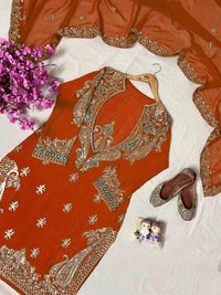 Stylish 4-pis kurti palazzo set in premium chinon silk fabric, in 4 amazing colors