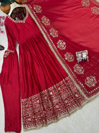 Festive Red Anarkali Gown In Chinon Silk fabric,featuring 5mm Sequin Work and Intricate Floral Embroidery