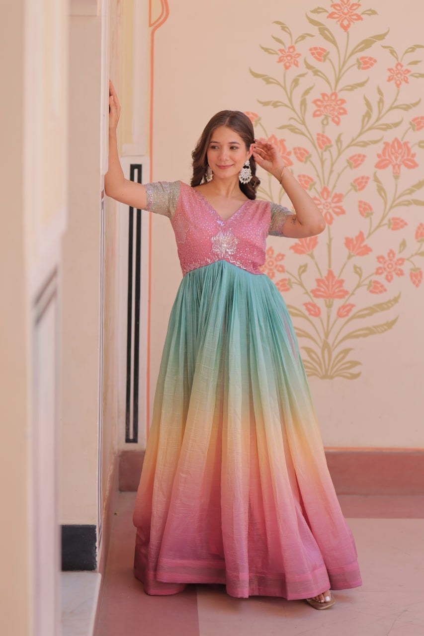 Premium Readymade Designer Gown with Gold Crush Padding & Beads Embroidery