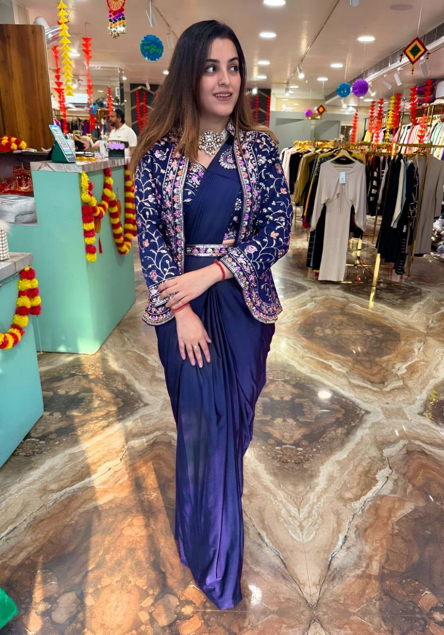 Ready To Wear Diamond Satin Silk Saree with Jacket & Embroidery Belt