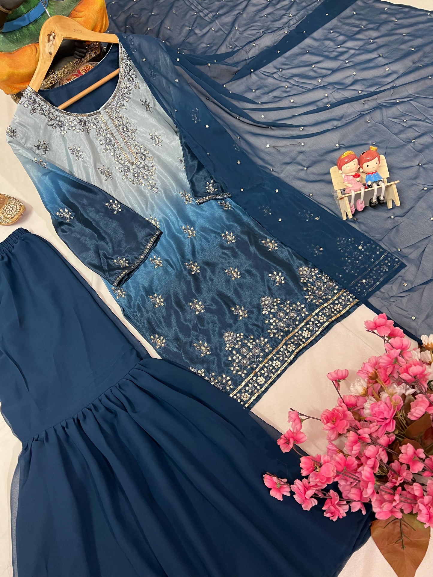 Chinon Silk Kurti & Ruffled Sharara Set with Sequin Embroidery - LC 1370