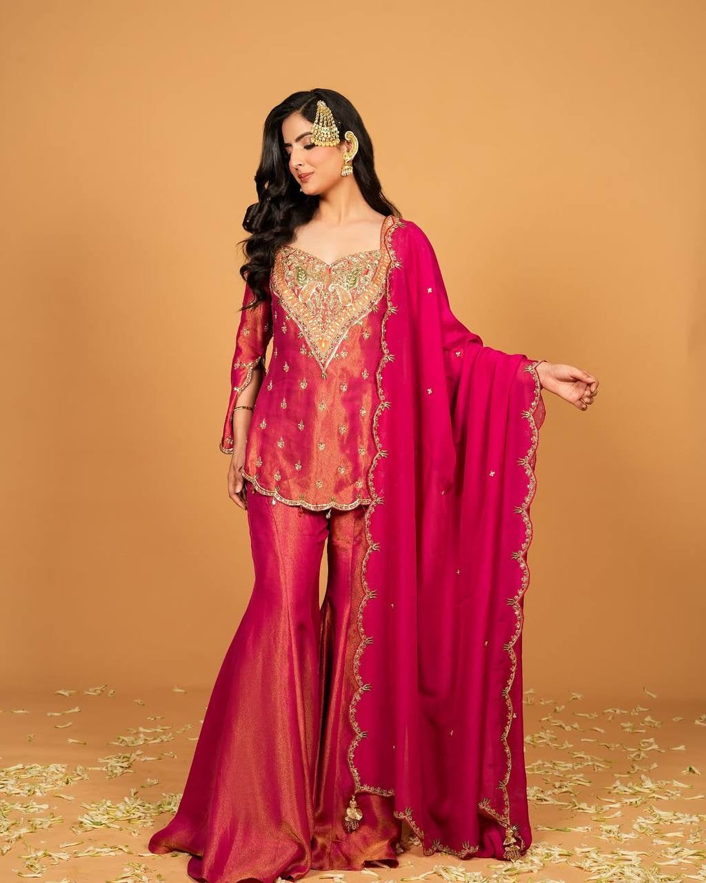 Festive special Designer Flaired palazzo Set with Embellished Kurti & Dupatta in Simar Silk fabric with Embroidery work - FFNSR-852