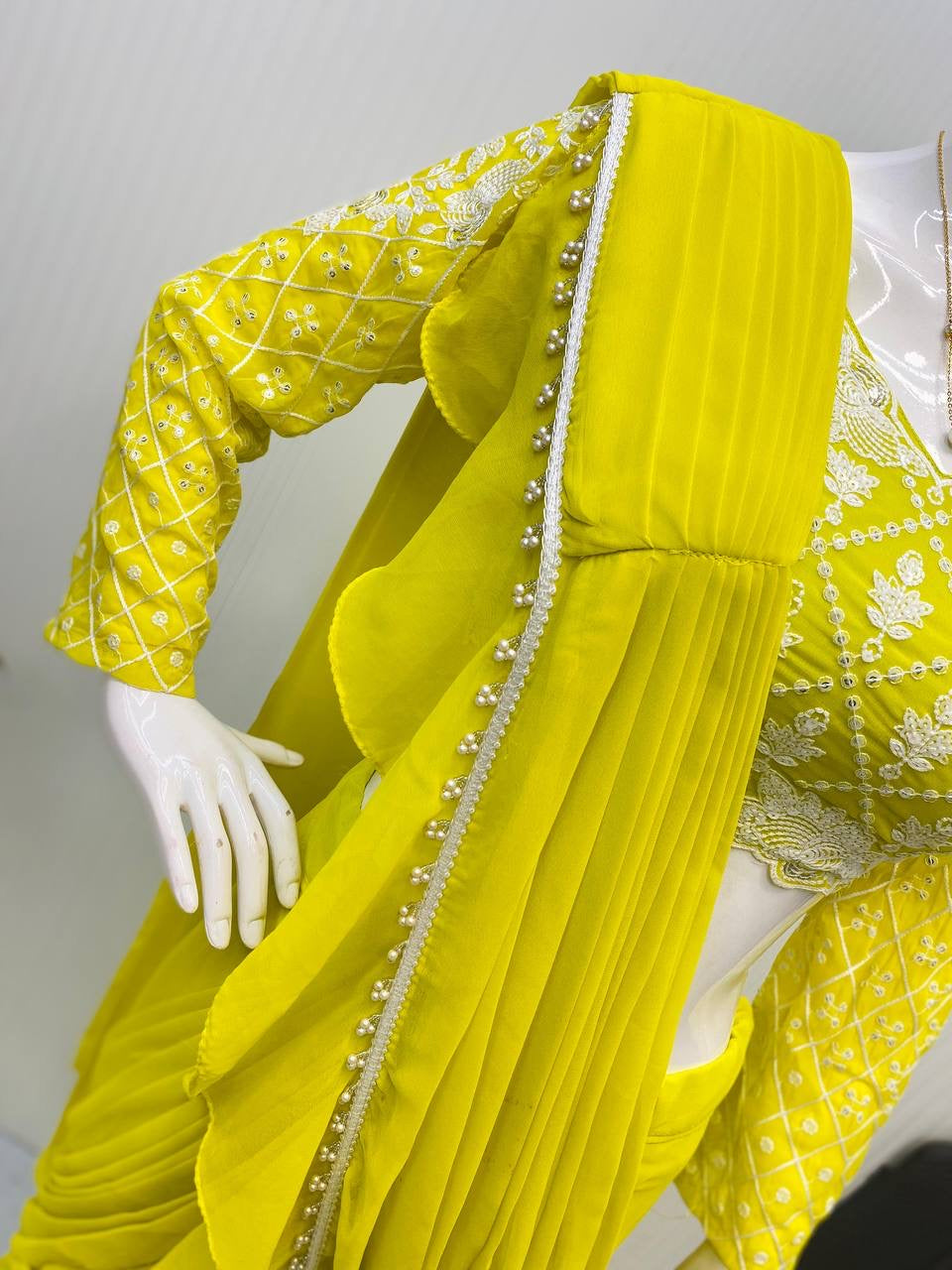 Ready To Wear Ruffles Saree with Long Sleeve Blouse in Lemon Yellow - Georgette with Moti Lace
