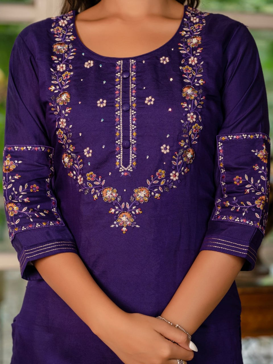 Elegant Marina Silk Straight Kurti Pant Dupatta Set with Multi Embroidery & Hand Work