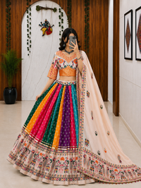 Designer navratri and wedding special lehenga-Choli in soft muslin cotton with digital print, real mirror work and fancy lace work