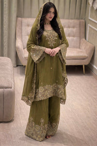 Designer Kurti-Palazzo set in premium moss tissue silk