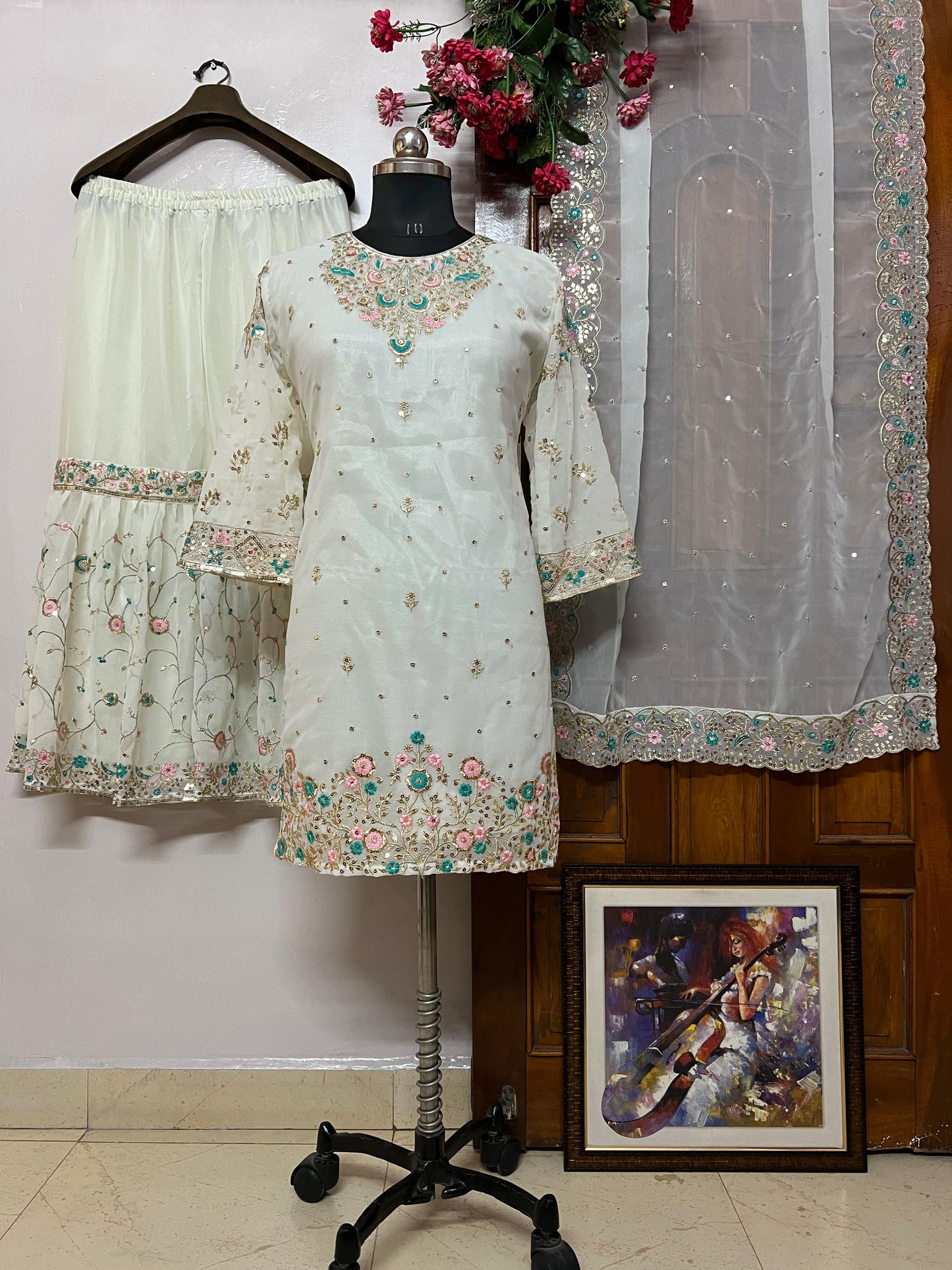 Elegant Georgette Kurti Sharara Set with Sequin Embroidery - LC 1348